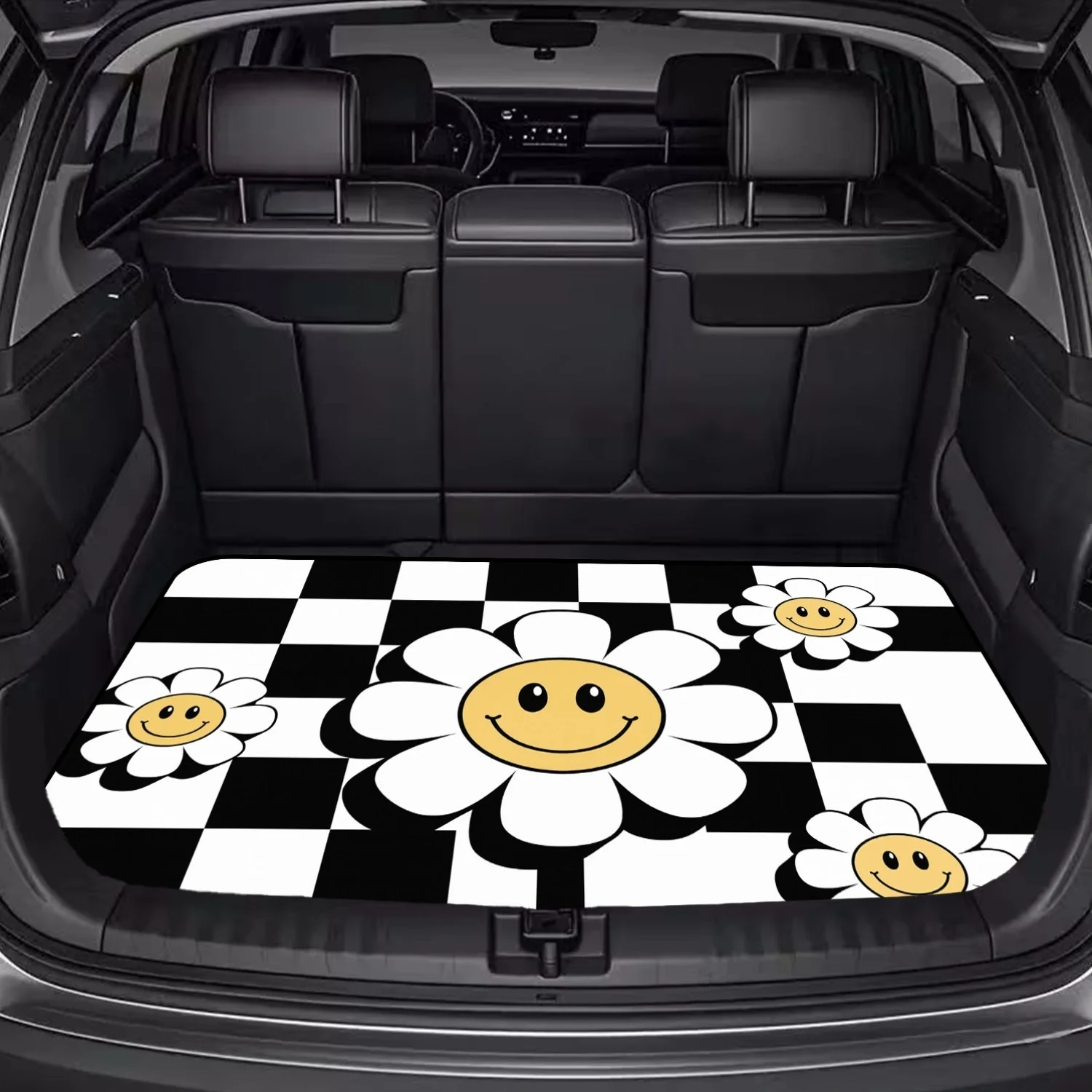 Car Trunk Mat, Black White Checkerboard Smiley Daisy Print Cargo Liner, Non-Slip Rear Trunk Protector, Women Car decor, Car Accessories, Interior Decoration Mat, Universal Fit For SUV Sedan Truck, Cute Chec