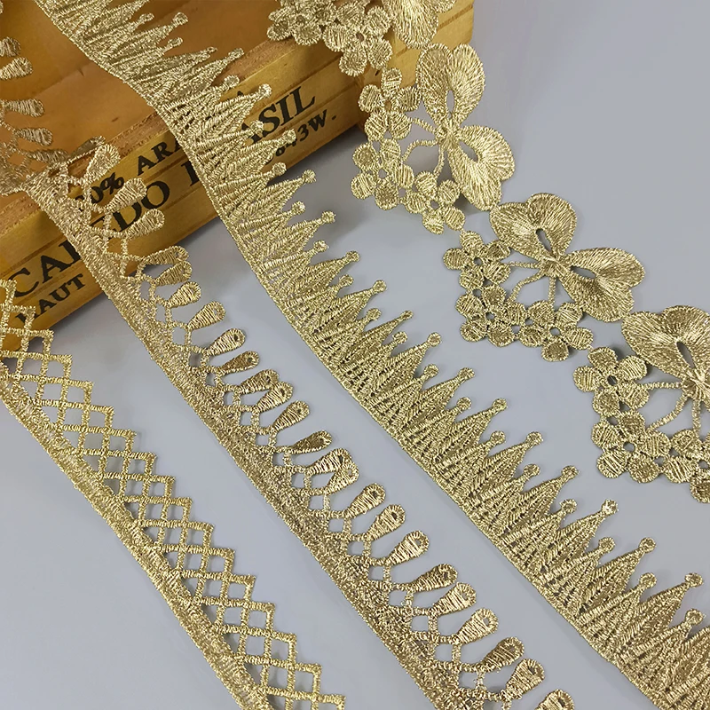 Gold Lace Trim Ribbon, Sewing Braided Lace Fabric, Wedding Craft, DIY Clothes Accessories, Decor, High Quality, 1 Yard
