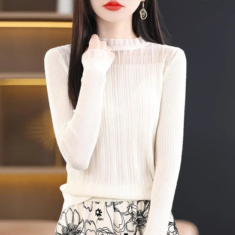 2023 Women Korean Fashion Sexy Mesh Patchwork Knitwears Female Ruffle Solid Long Sleeve Slim Basic Pullover Tops Elegant Jumpers