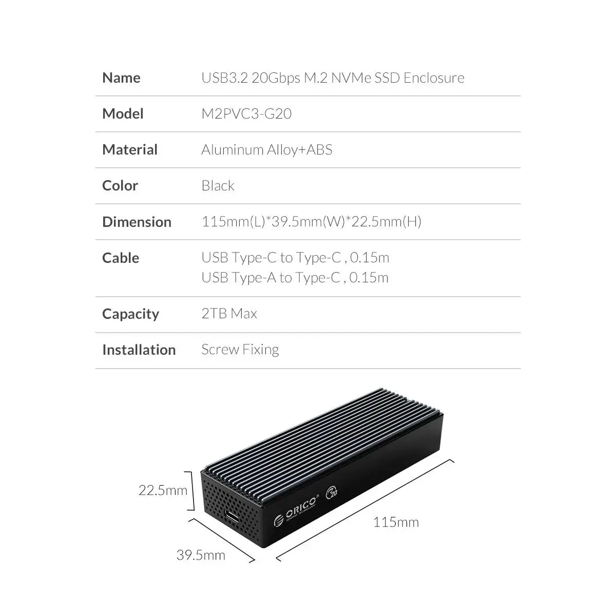 ORICO M.2 NVME SSD-Gehäuse mit integriertem Lüfter Typ C M2 20 Gbit/s NVME SSD-Gehäuse für M.2 NVME 2230 2242 2260 2280 SSD – Detail 12