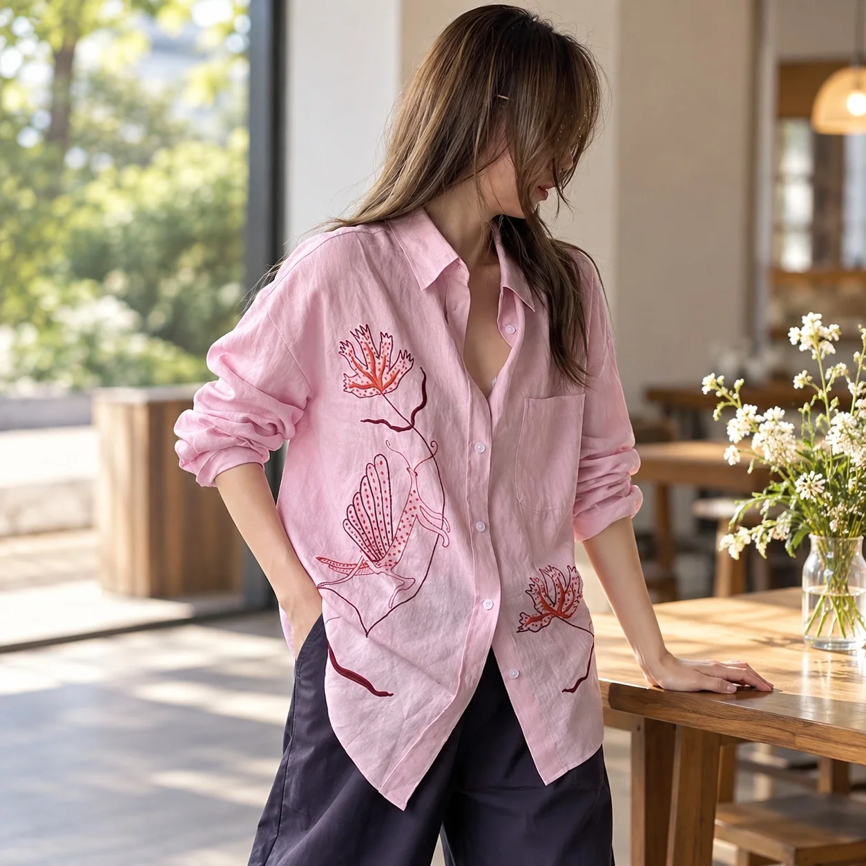 Printed Loose Fit Shirt Lazy Style with Shirt Collar Floral Pattern No Stretch Mid Long Length Button Front Women Blouse
