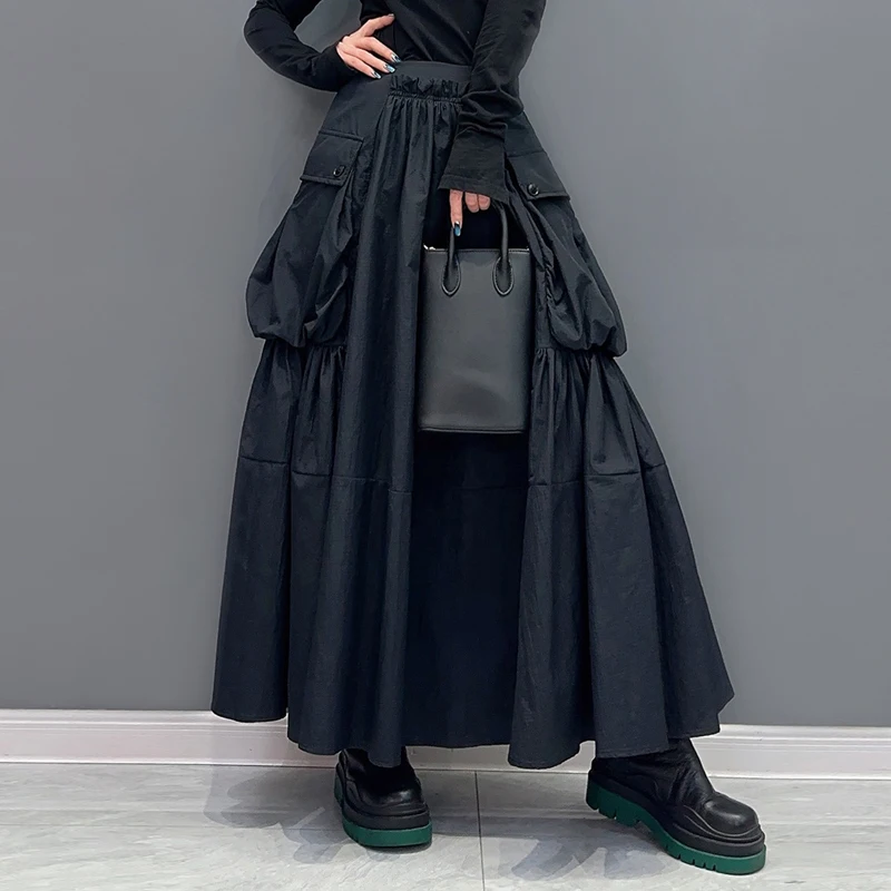 الصلبة الأخضر الأسود مرونة الخصر ألف خط فضفاضة تناسب امرأة تنورة طويلة جيوب كبيرة الكورية نمط لباس غير رسمي مطوي تنورة JJSK044 #5