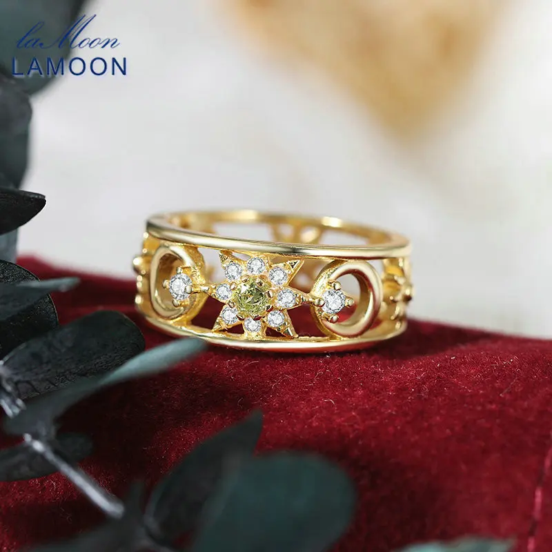 LAMOON Gemstone Ring Natural Peridot Rings For Women 925 Sterling Silve Gold Plated Sun Moon Star Lucky Ring Jewelry Gift RI077