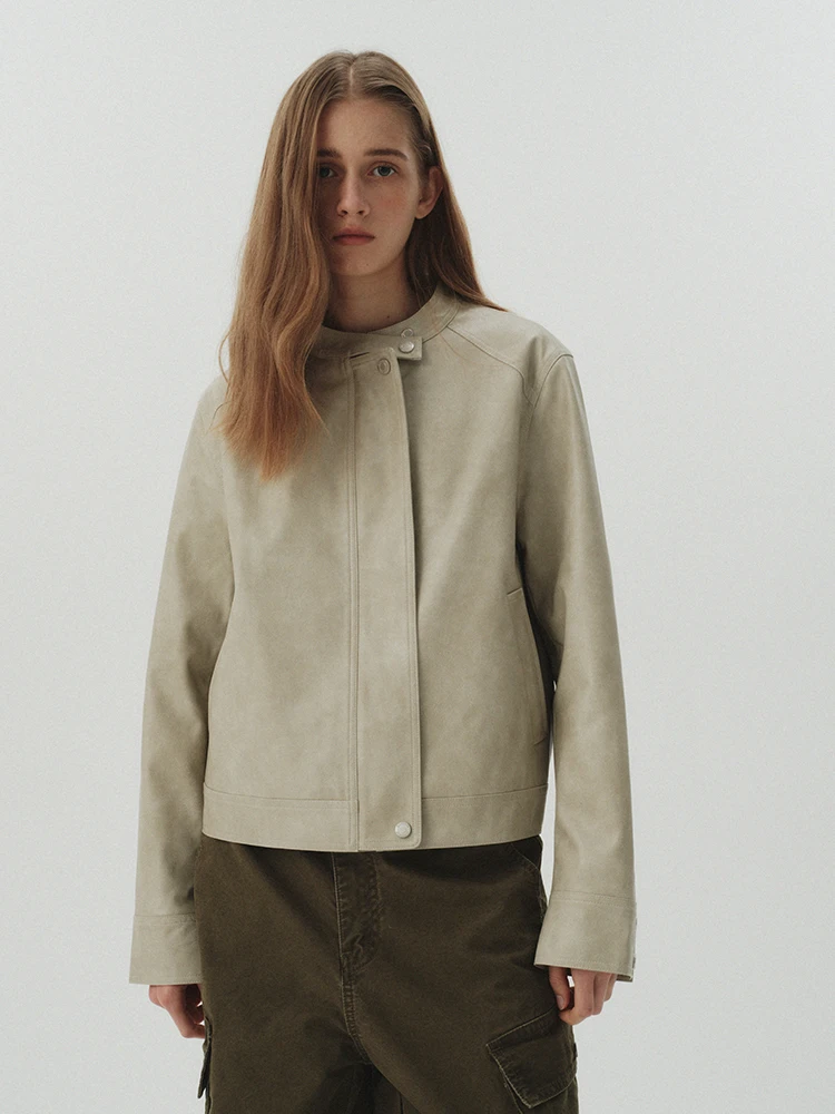 เสื้อแจ็คเก็ตหนังสไตล์เรโทร คอตั้ง แบรนด์ Goffrid บุผ้าฝ้าย สำหรับผู้หญิง ฤดูใบไม้ผลิ ฤดูใบไม้ร่วง เป็นมิตรกับสิ่งแวดล้อม กันลม