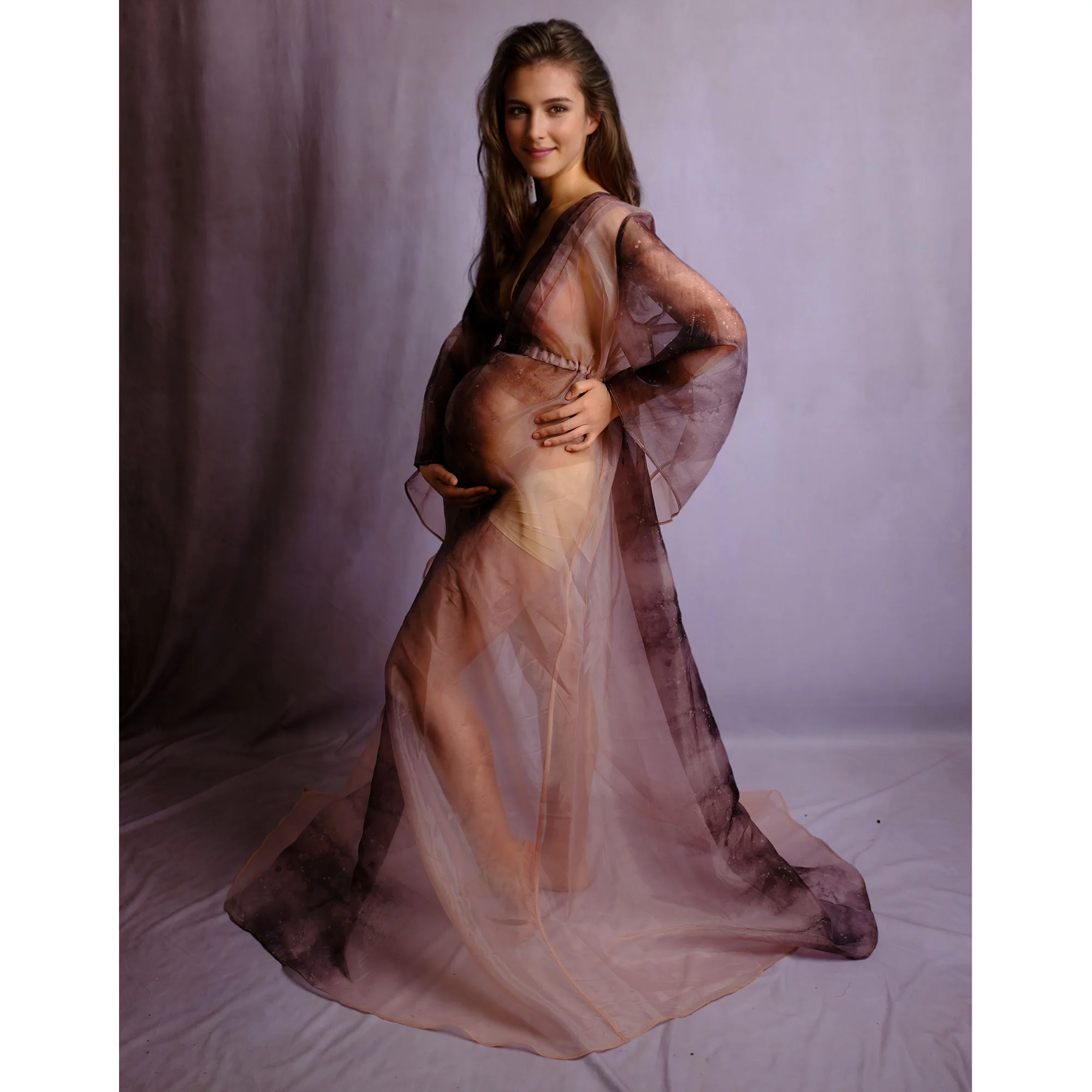 

Don&Judy Elegant Wedding Maternity Dress Tie Dye Deep V-neck Flare Sleeve Party Evening Gown Bridal Pregnancy Photoshoot Dresses