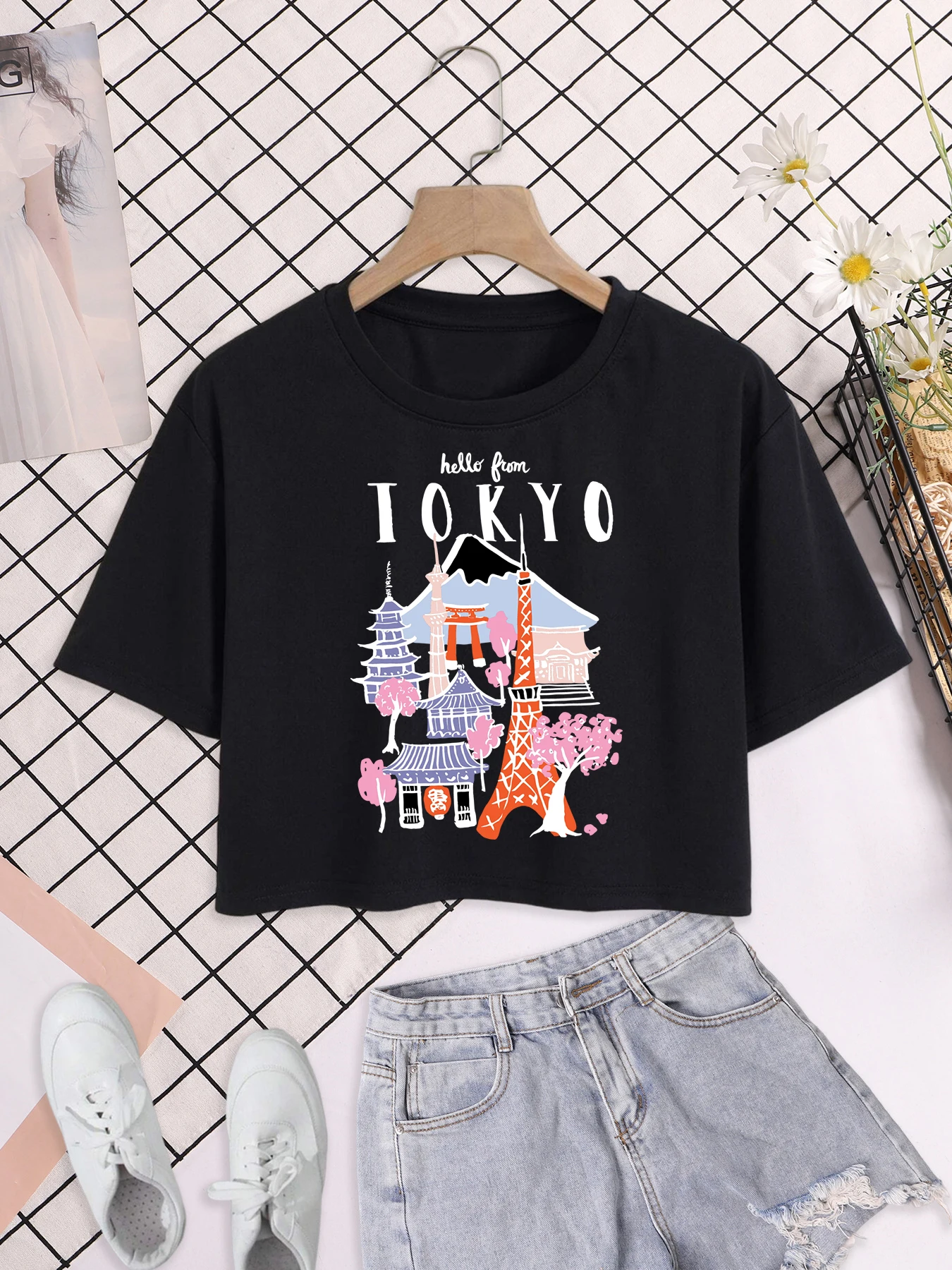 

Hello From Tokyp Japan Temple Scenery Printed Woman Crop Tee Shirt Cotton Street T Shirts Soft Fashion Top Summer Loose Clothes