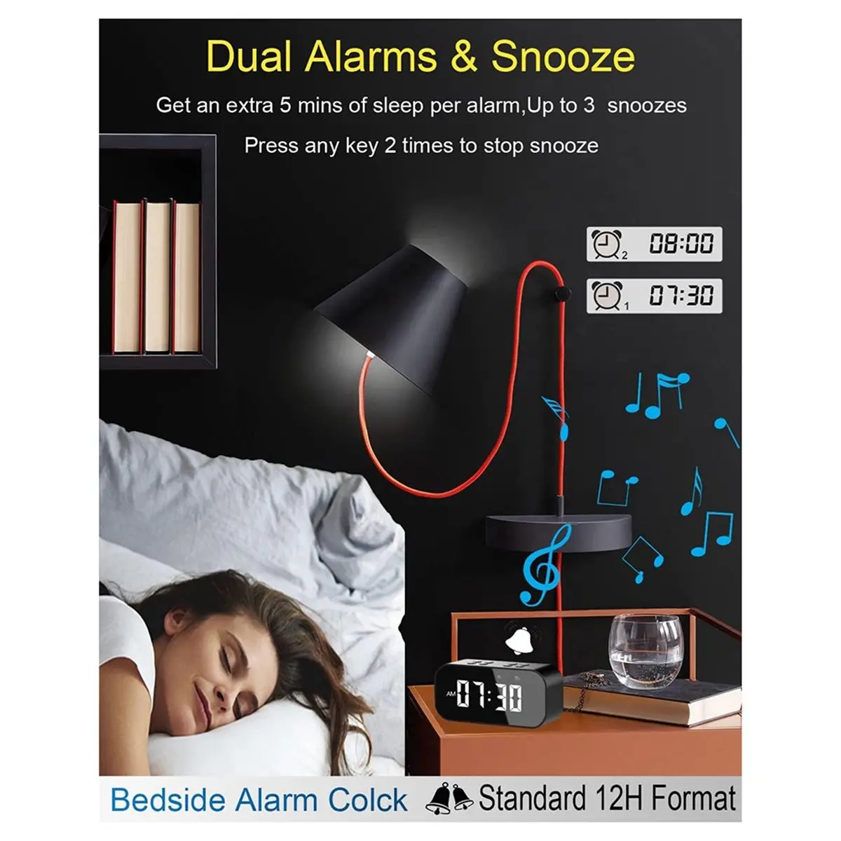 Alarm Clock with Bluetooth Speaker Small Digital Clock for Heavy Sleepers Mirror LED Display
