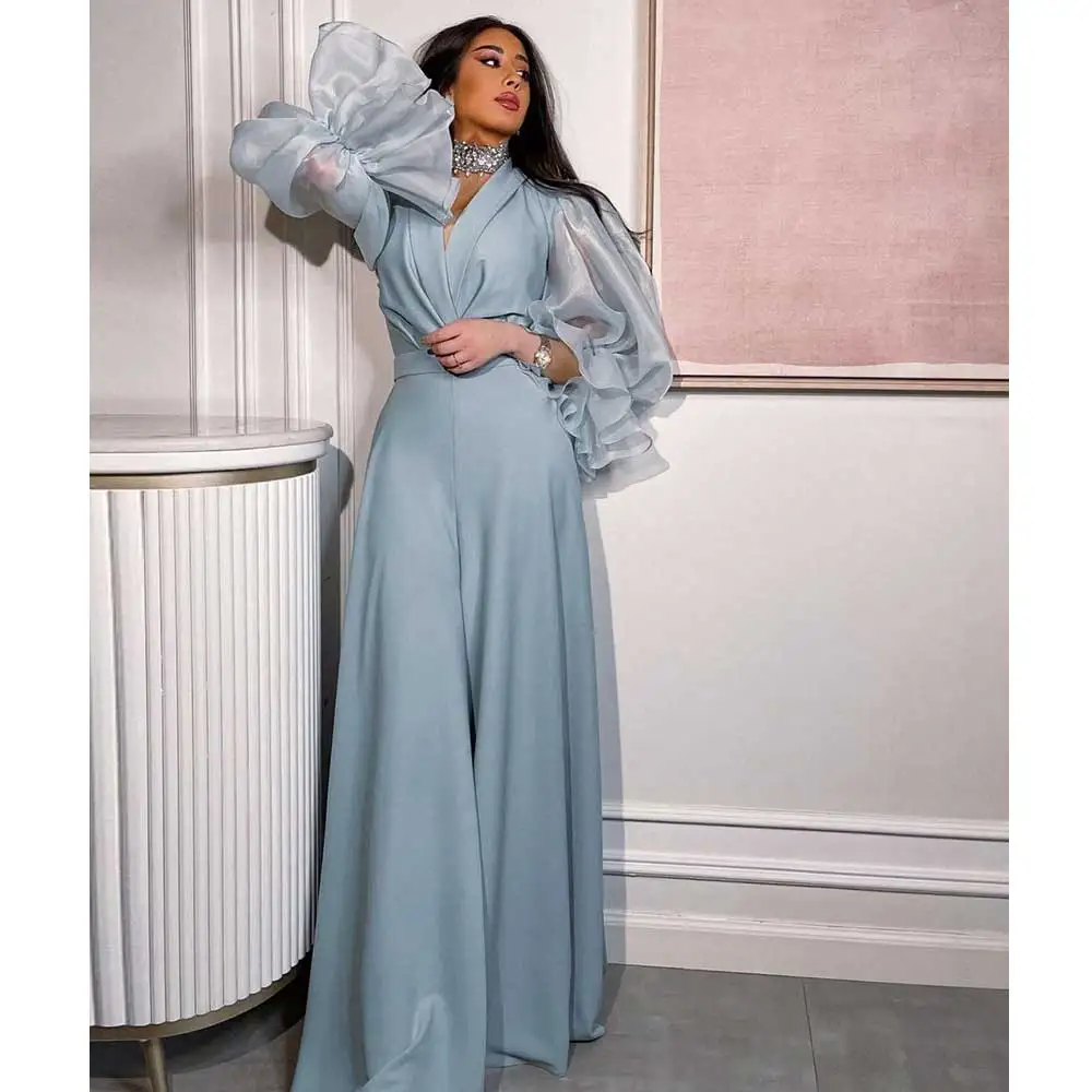 YUMDAI Premium Blue-gray Puffed Sleeve Romper Evening Dress Sweet Pink Birthday Pie Aligned Gown Long Sleeve Saudi Arabian Dress