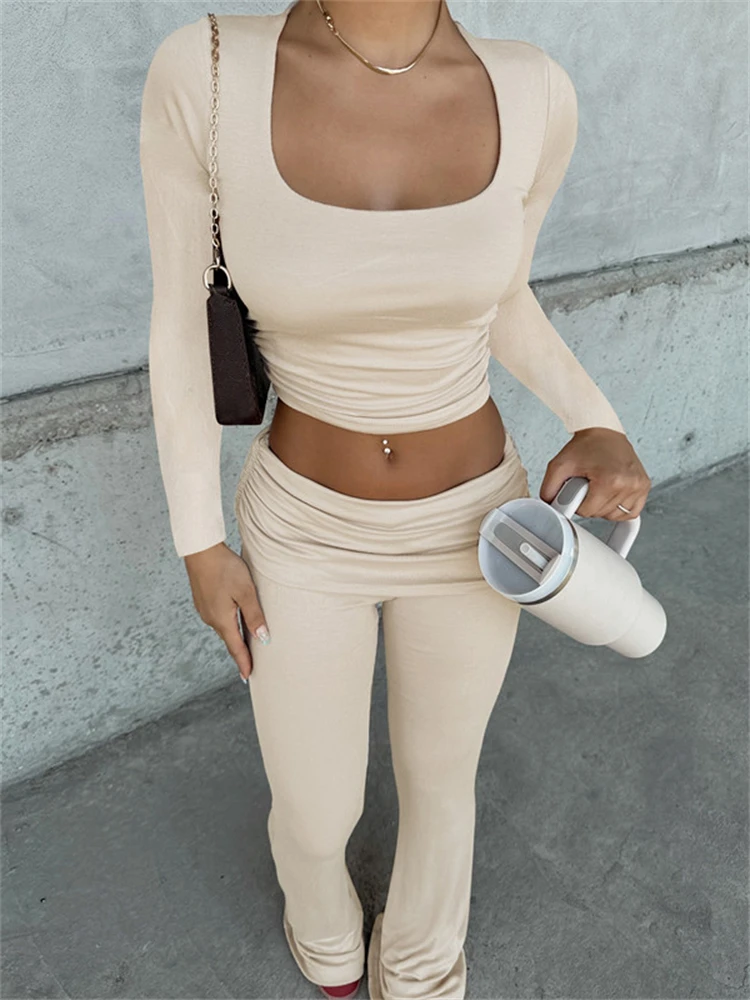 Solid Pleated Crop Top Flare Pants Leisure Suit Women Long Sleeved Tight Trousers 2 Piece Set Autumn/winter Street Outfit