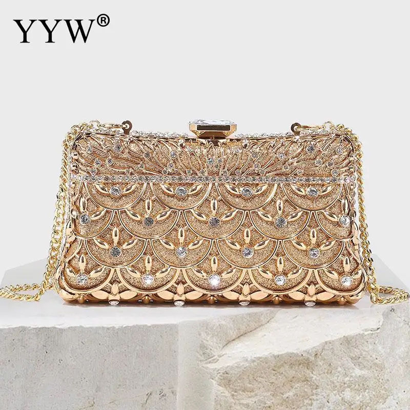 High Quality Gold Metal Clutch Bag Crystal Rhinestone Classical Evening Dress Handbag Diamond Clutch Purse Chain Shoulder Bag