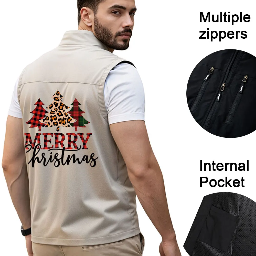 

Мужские жилеты, куртка с несколькими карманами на молнии, пальто с рождественским принтом лося для пеших прогулок, верхняя одежда, пальто без рукавов с воротником-стойкой