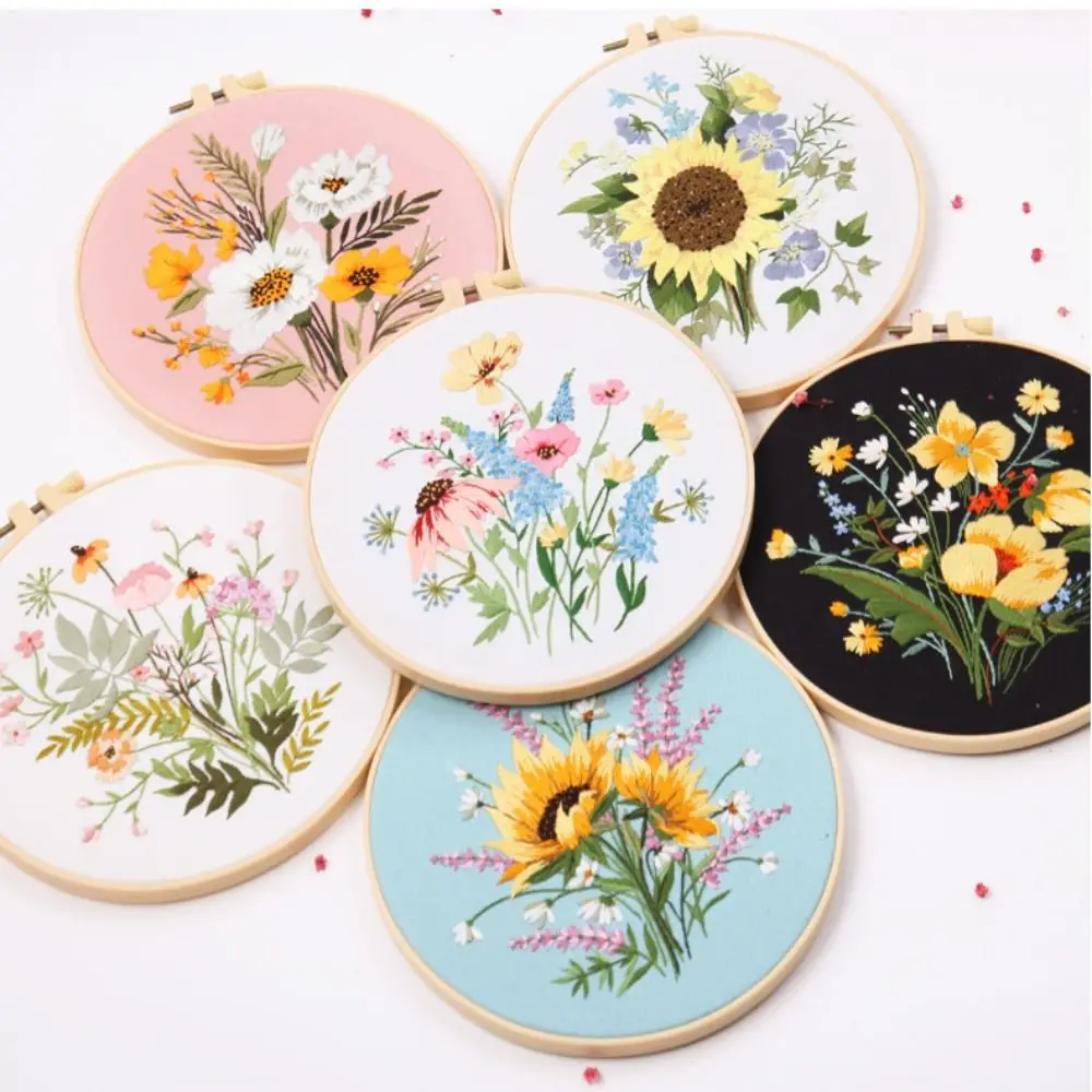 Flower DIY Embroidery Kits 3D Flower Landscape Embroidery Stitching Kits With Hoop Art Needlework