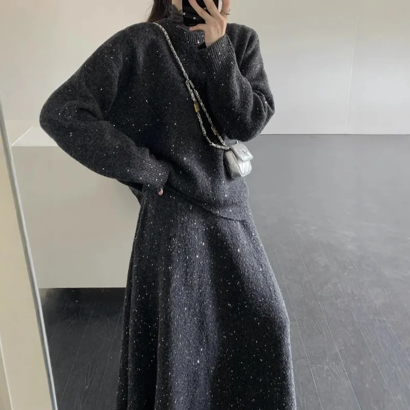 

LISM winter woman Knitted outfit 2025 plus size loose sequin knit sweater pullover sweater+half skirt women's two-piece set