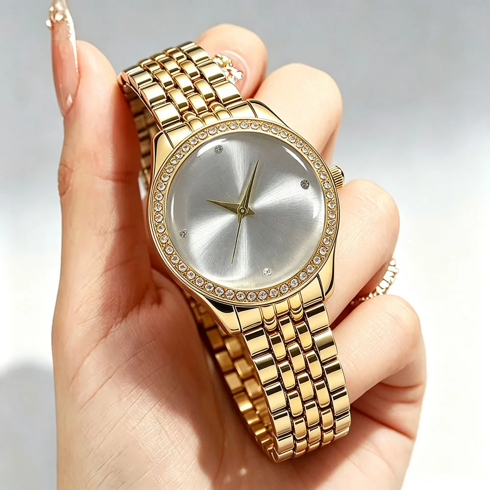 1Pc Fashionable and Elegant Round Alloy Dial Quartz Ladies Watch Suitable for Various Occasions, an Ideal Gift for Mom or Girlfriend.
