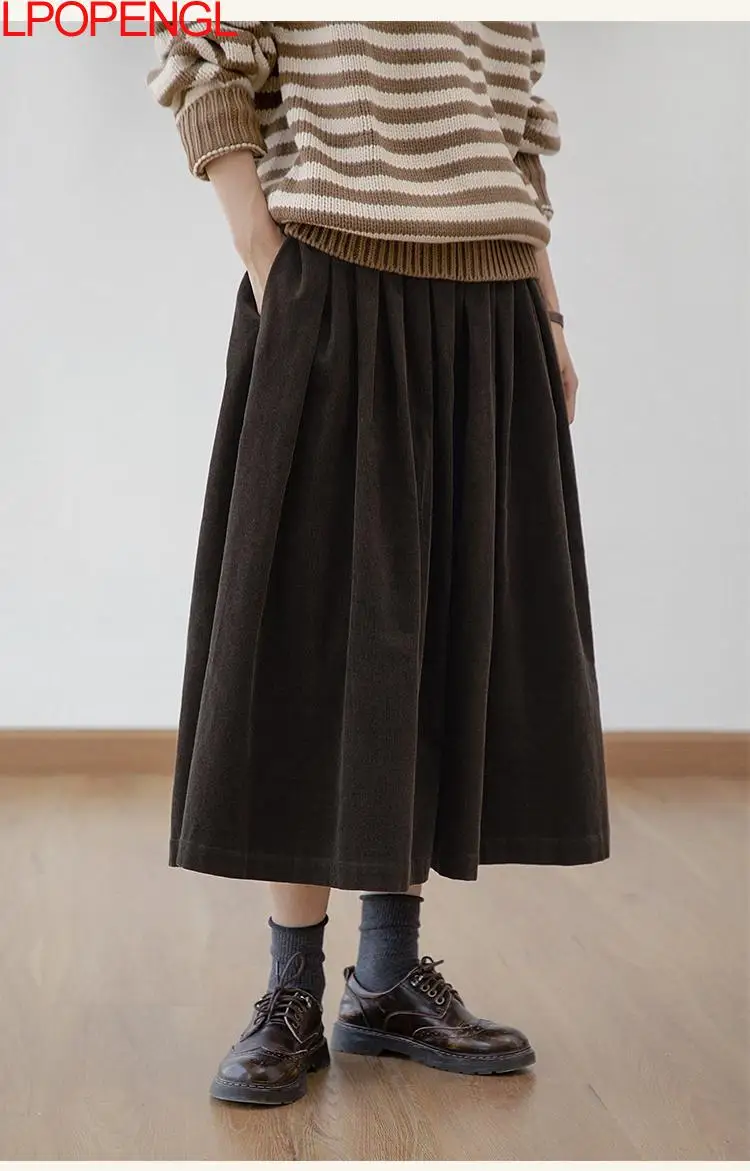 

Fashion Vintage Brown Corduroy A-line Skirt Women Autumn And Winter 2025 Versatile High Waist Distressed Loose Umbrella Skirt