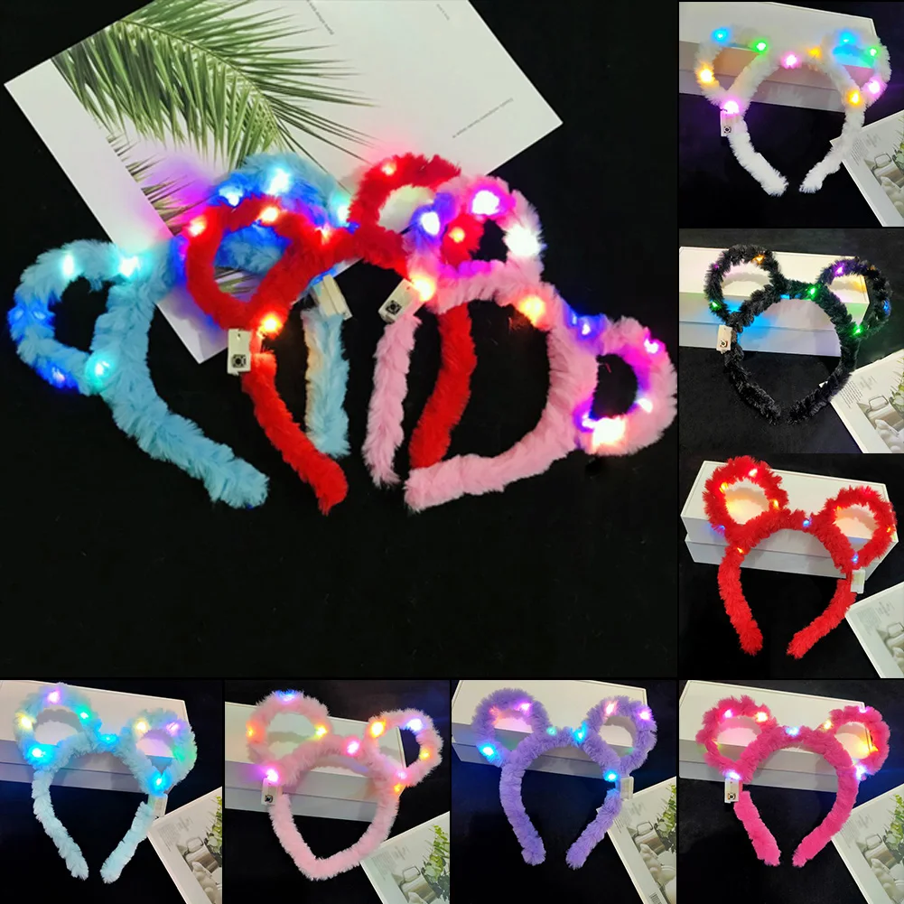 1PC Cute LED Plush Bear Ear Headband Kids Adult Light Up Hairband  Plush Glitter Hair Hoop Headwear Glow Hair Accessories