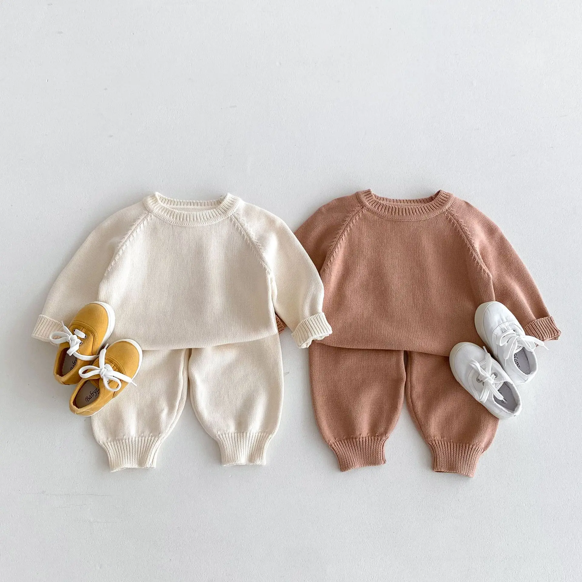 

2024 Autumn New Children Long Sleeve Knitted Set Solid Casual Boys Girls Versatile Sweater + Pants 2pcs Suit Kids Cotton Outfits