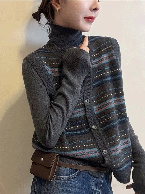 Retro Striped Knitted Cardigan Women's V-neck Button Base Layer Top Versatile Layering Shirt Autumn New Style Commute Style