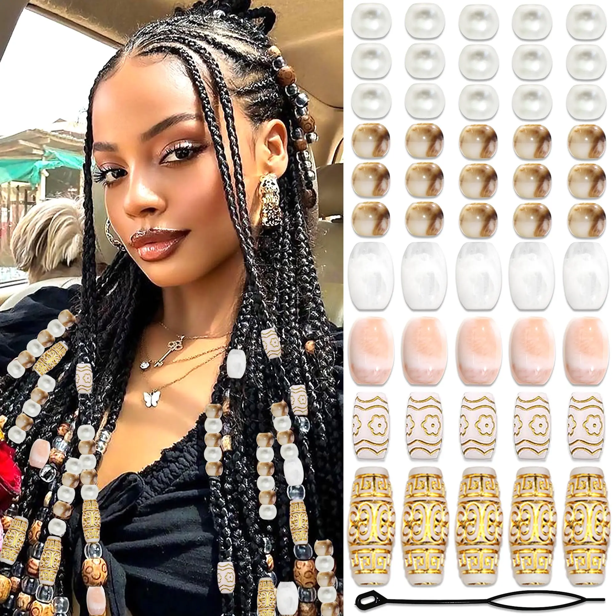 60Pcs Mixed Hair Beads Set Vintage Barrel Hair Cuffs Beads Retro Gold Pattern Hair Beads