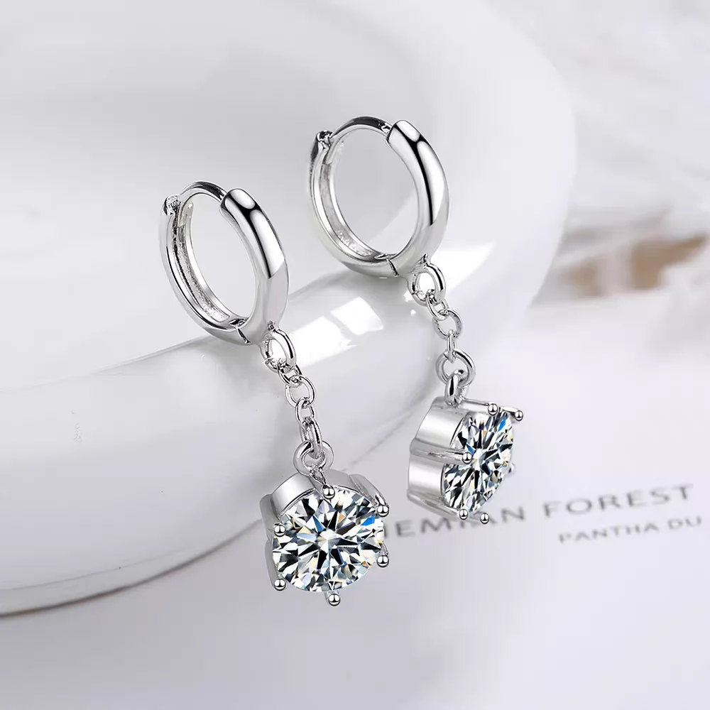 

925 Pure Silver Earrings Six Prong Shiny Women's Fashionable Unique Versatile Long Style Earrings Korean Version Jewelry Pieces
