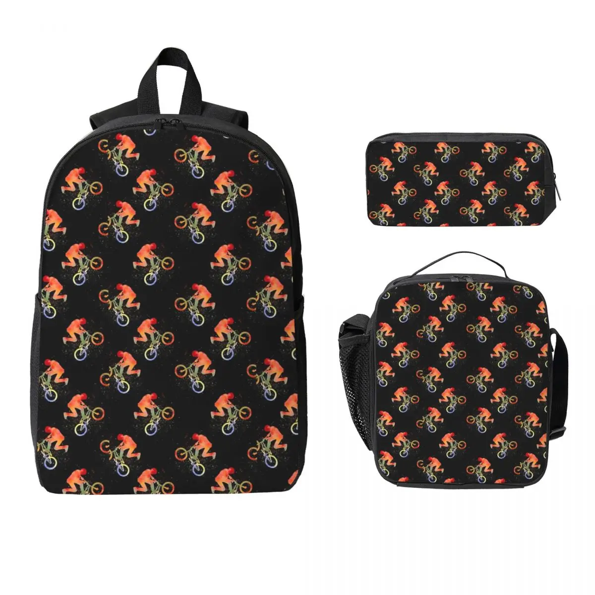 

BMX Watercolor On Black Backpack Student Boys Girls BookBag School Bag Laptop Shoulder Bags 3ps Insulated Lunch Bag Pencil Case