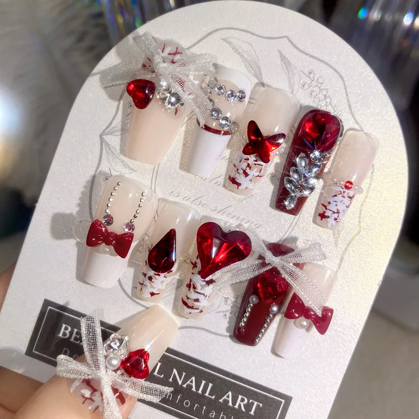 24 pçs ano novo imprensa em unhas heavy metal vermelho amor cristal design unhas falsas noiva wearable longo ballet francês dicas de unhas falsas