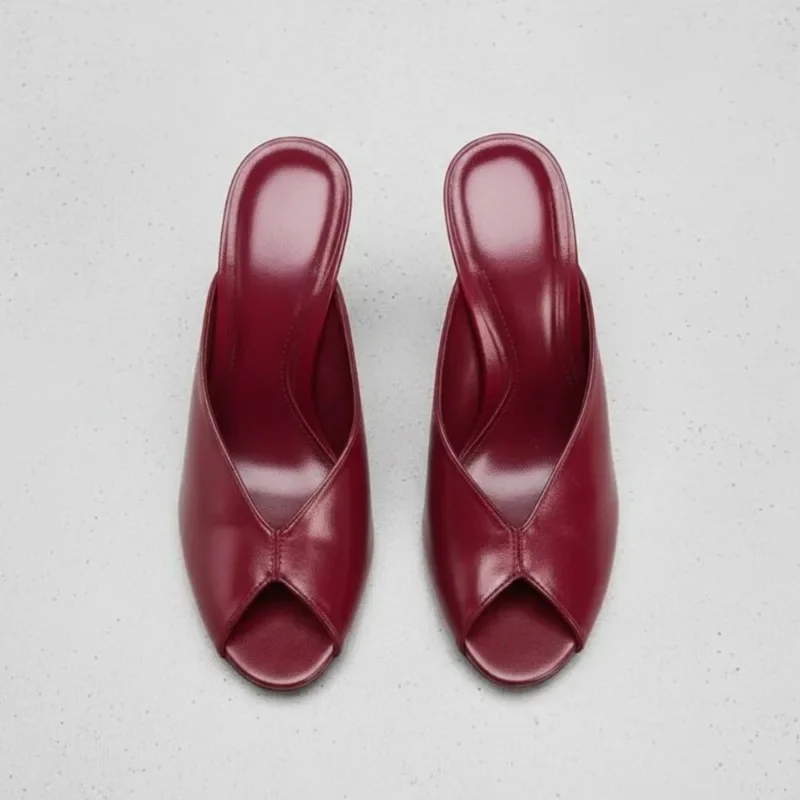 Burgundy Matte Peep Toe Mules Footwear Slip On Pu Leather Cover Heels Women Slippers Summer Outside Sandals Shoes