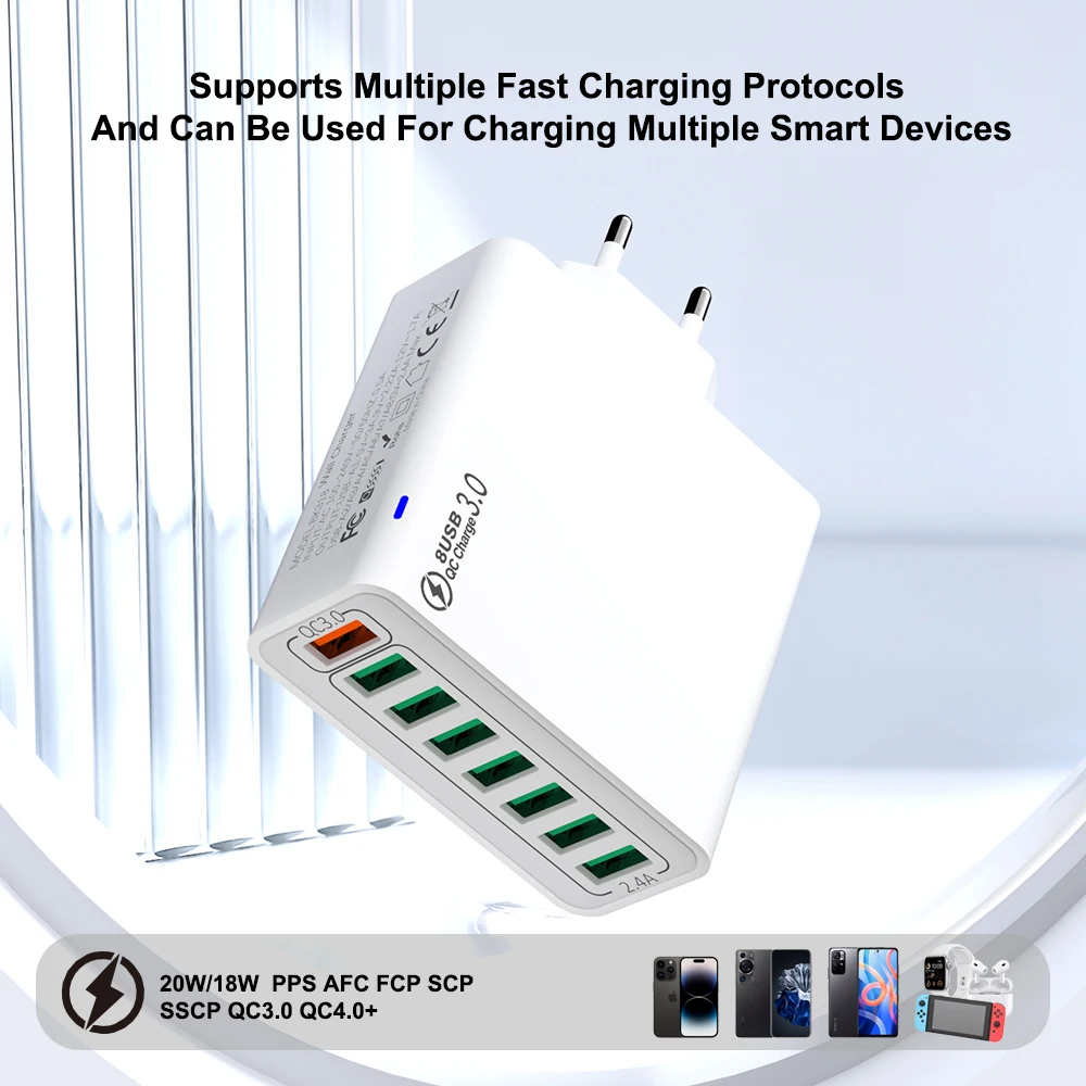 QC4.0 8 Port Fast Charging USB Charger  EU US KR QC 3.0 Quick Charge Wall For Phone Adapter For iPhone 15 Xiaomi Huawei Samsung