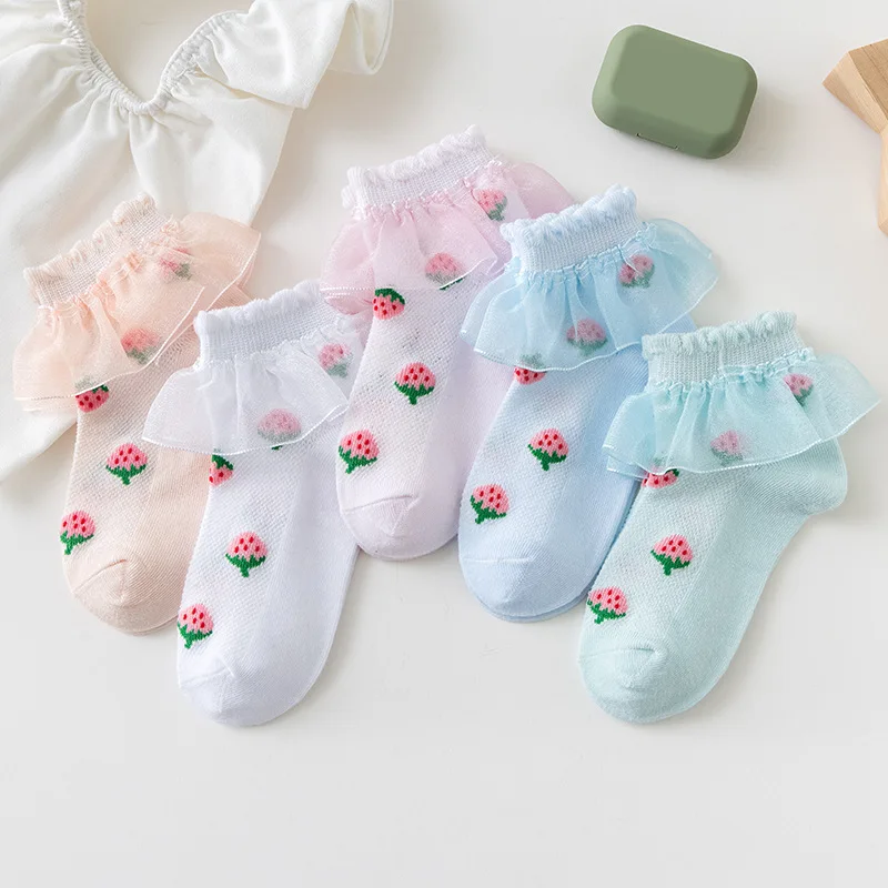 5Pairs/set Children's Socks For Girls Summer Thin Print Strawberries Lace Child Princess Kids Girl Teenager Socks For Baby 1-15Y