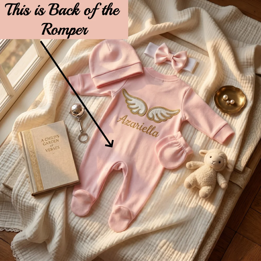 Personalized Any Baby Name Angel Baby Outfit with Matching Hat & Mittens - Soft Cotton Baby Shower Gift for Infant Girls