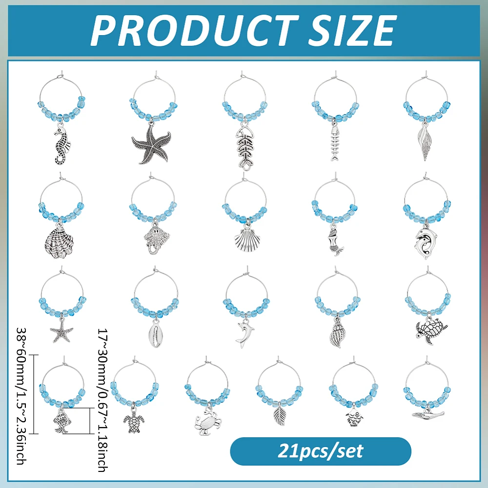 21Pcs Ocean Creatures Wine Glass Charm Turtle Starfish Conch Alloy Drink Markers Tags Identification for Stem Glass Wine Tasting