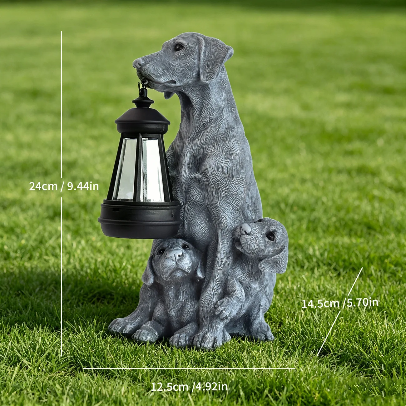 Outdoor Solar Dog Statue Cement Gray Resin Crafted Garden Decor with Light Sensor Auto On Off Function Weather Resistant