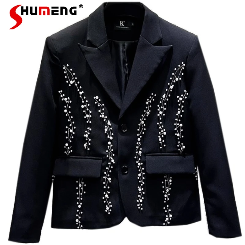 

2025 Men's Autumn New Trendy Suit Jackets Fashion Loose Short Style Blazers High-end Embroidered Pearl Chic Small Blazer Jackets