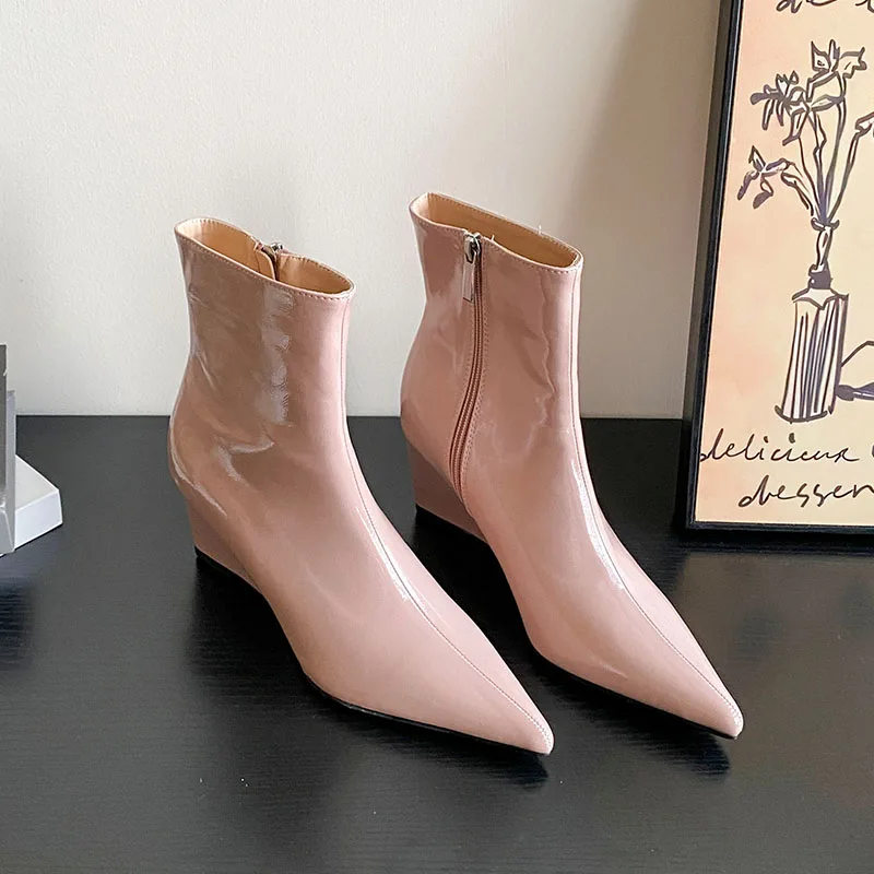 Pink Fashion Zippers Woman Ankle Booties With Wedges Shoes Pointed Toe Female New Autumn Winter Ladies Modern Short Boots Shoes