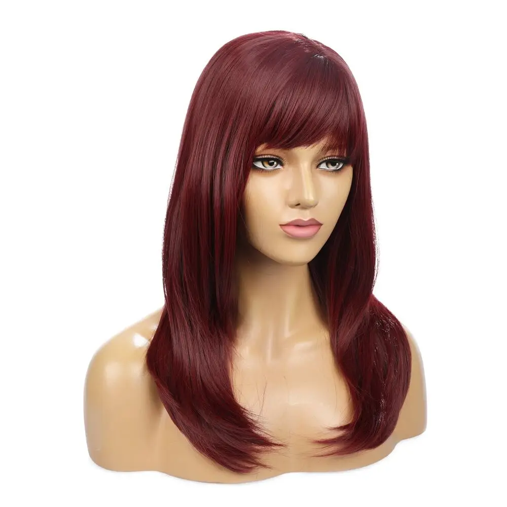 21.65in Wine Red Wigs Hair w/Bangs for Women Heat Resistant Fiber