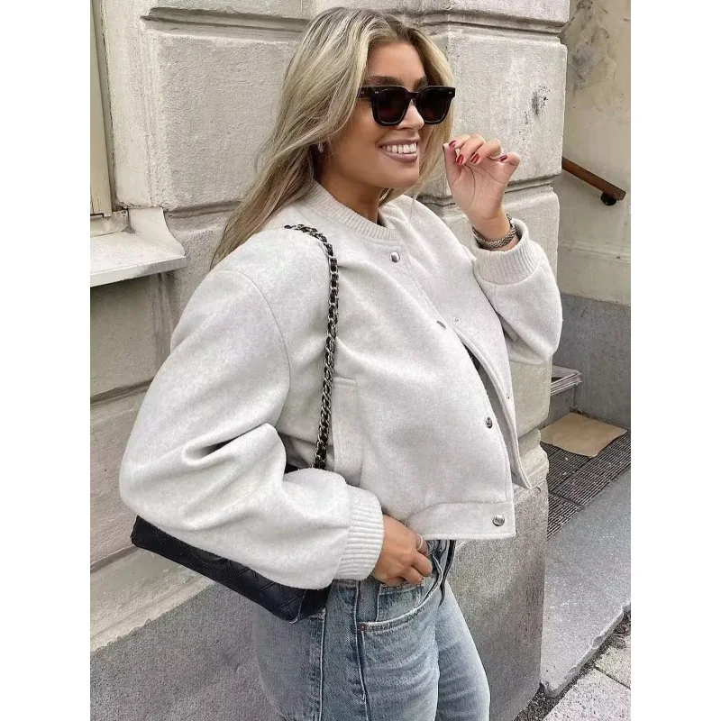 Soft Fabric Cropped Bomber Jacket Ribbed Collar Cuff Hem Snap Button Oversized Loose Women Light Woolen Flight Outer Coat 260602
