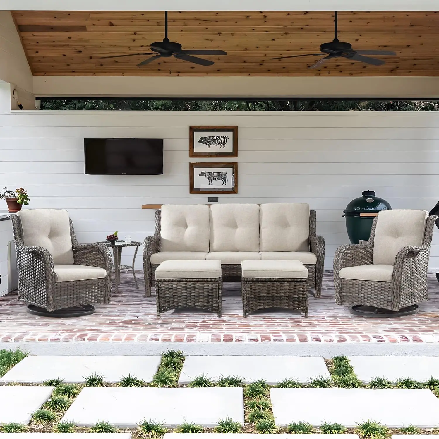 Wicker Patio Furniture Set 6 Piece Set with 1 Three Seat Sofa 2 Swivel Rocker Chairs 2 Ottomans and 1 Side Table Outdoor