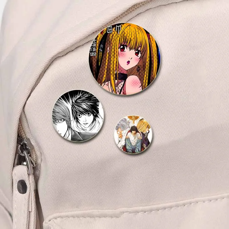 Anime Character L Lawliet Light Yagami Misa Amane Nate River Round Pins Cartoon Badge Snap-in Brooches for Clothes Decoration