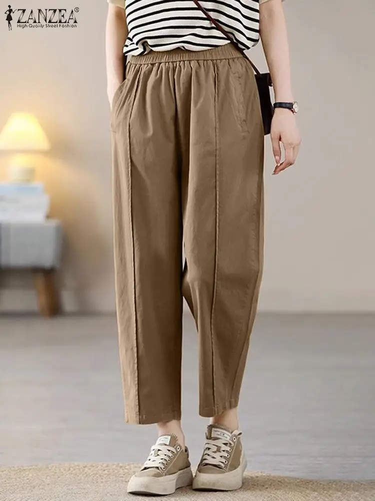 

ZANZEA Fashion Casual Pantalon Streetwear 2024 Summer Work Women Palazzo Solid Color Elastic Waist Harem Pants Straight Trousers