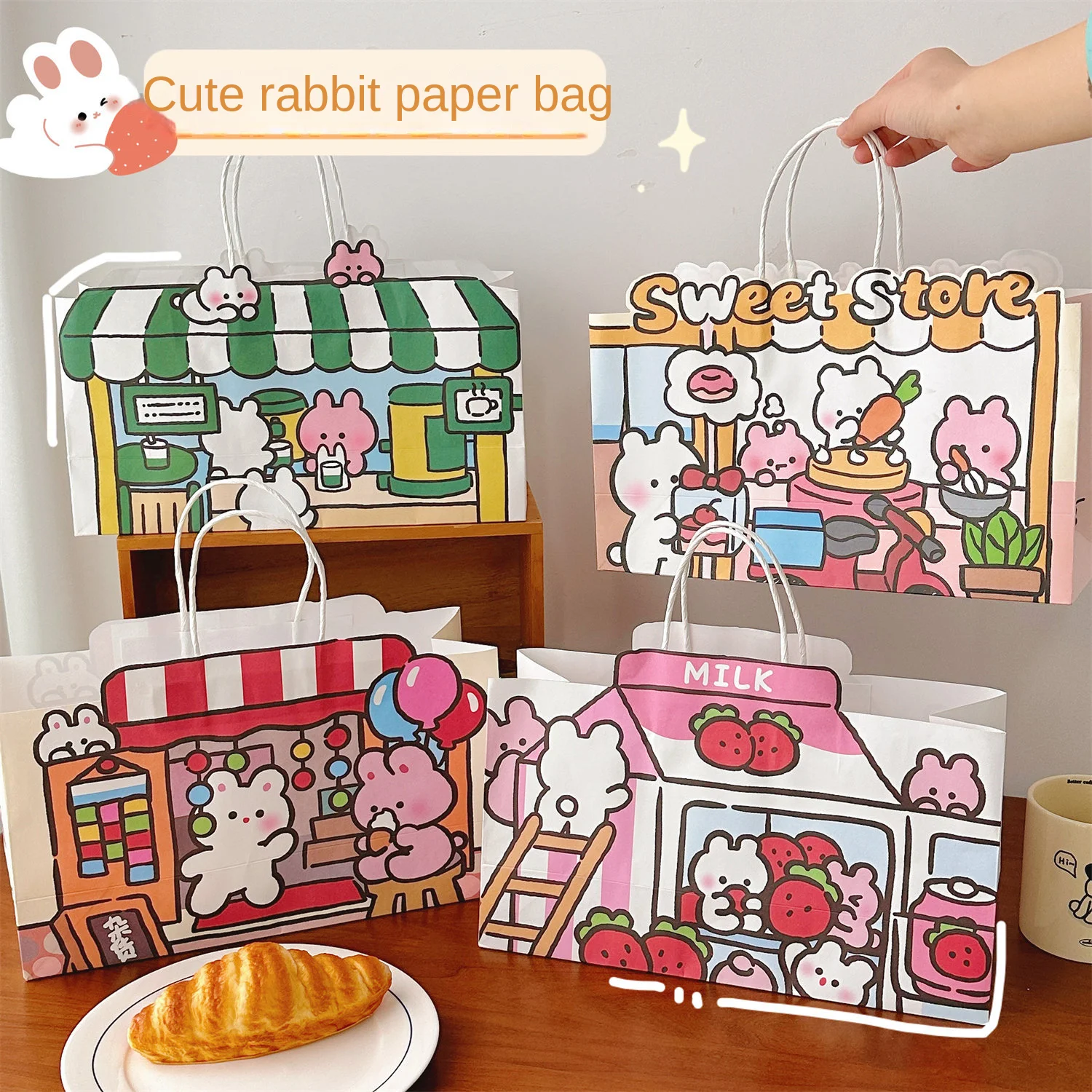 5 Pcs Cute Rabbit Cloud Shop Paper Bag Handbag Shopping Bag Packaging Bag Gift Bag Storage Bag Gift Packaging