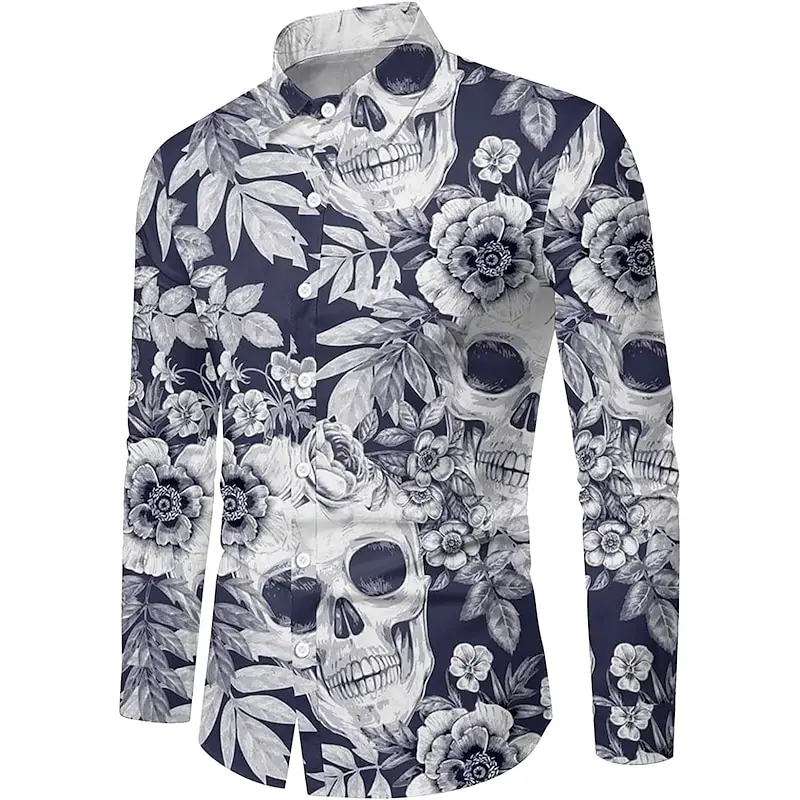 Men\'s Shirt Floral Skull Rose Sunflower Cuffed Street Long Sleeve Button Print Clothing Fashion Fashion Button Design