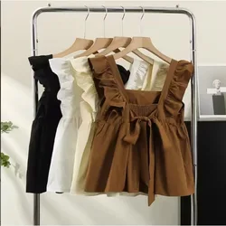 2024 Loose Square NeckFlying Sleeve Doll Shirt Top Women Solid Color Ruffled Edge Sleeveless  White Blouse Tanks Camis