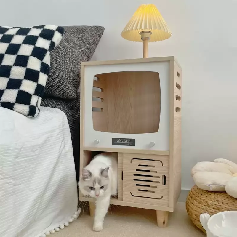 Innovative Human-Cat Shared Nightstand Solid Wood Pet Bed All Season Cat Furniture for Bedside Multi-functional Cat House