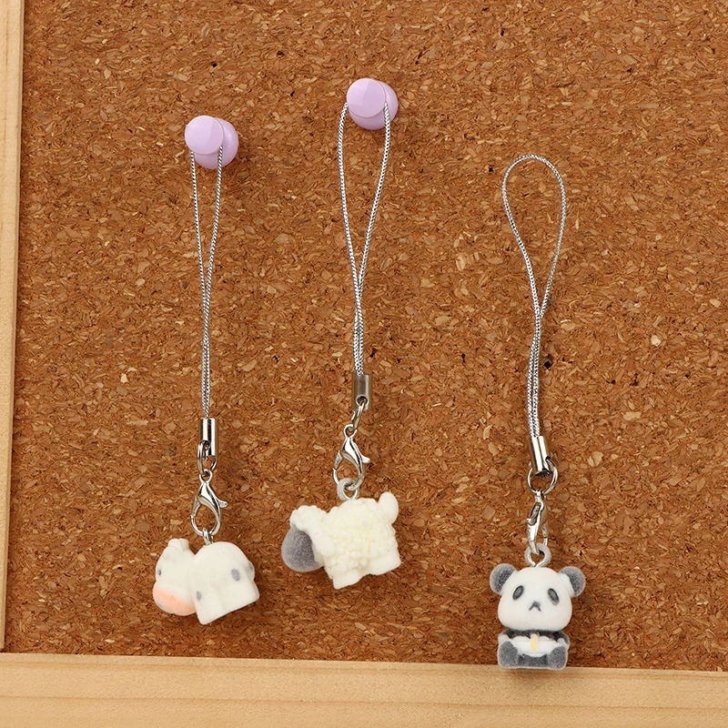 Kawaii Flocking Panda Sheep Cow Phone Lanyard Cute Plush Animal Phone Charm Mobile Phone Strap Keychain Accessories