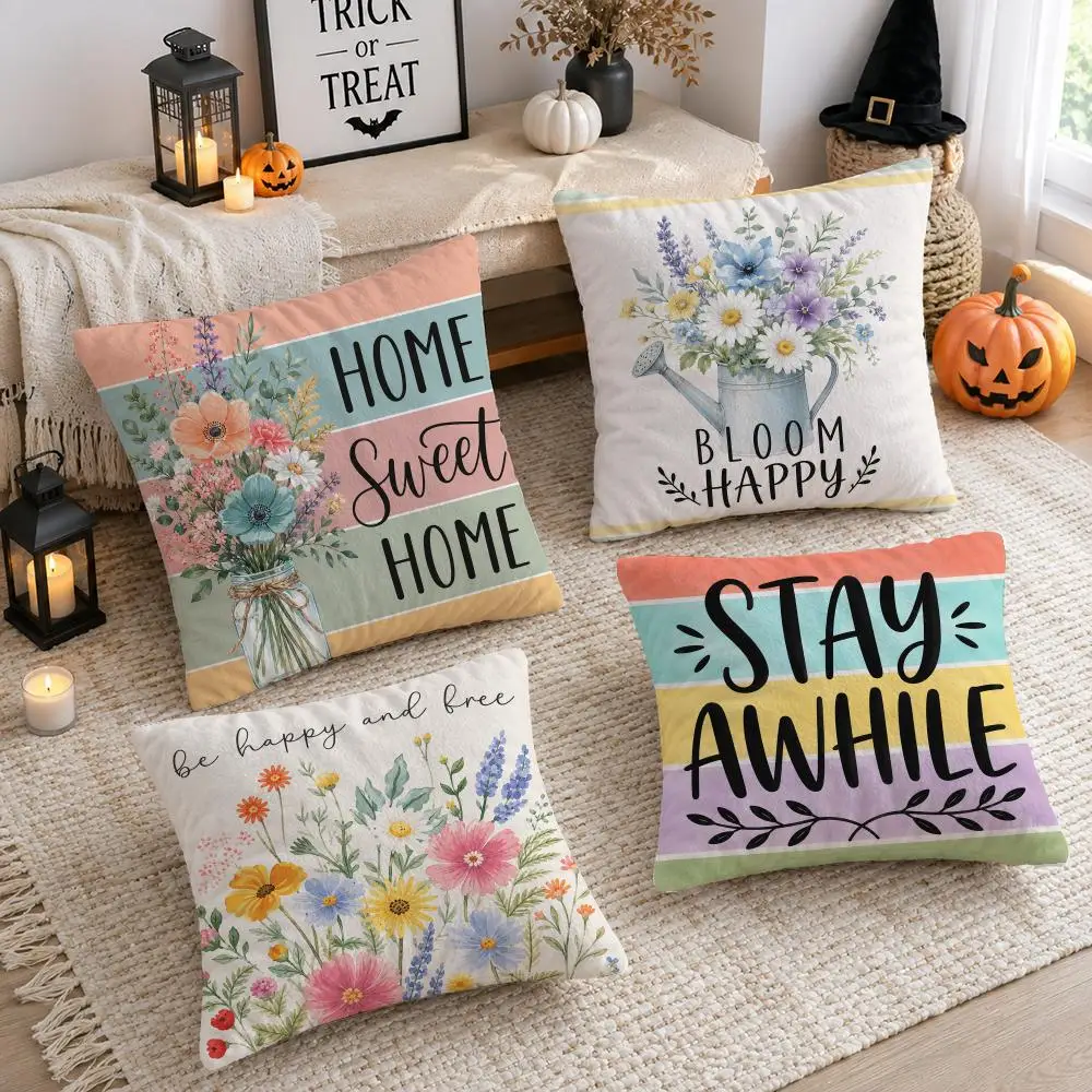 Bouquet of Flowers Cushion Cover Soft Short Plush Double-Sided Printing Home Decor Machine Washable Pillow Case Gift
