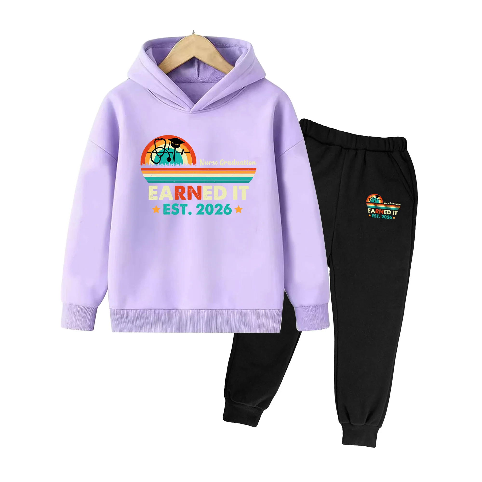 Kids Nurse Graduation Print Hoodie & Sweatpants Set, Vintage Style 2026 Earned It Outfit for Boys Girls School & Casual Wear