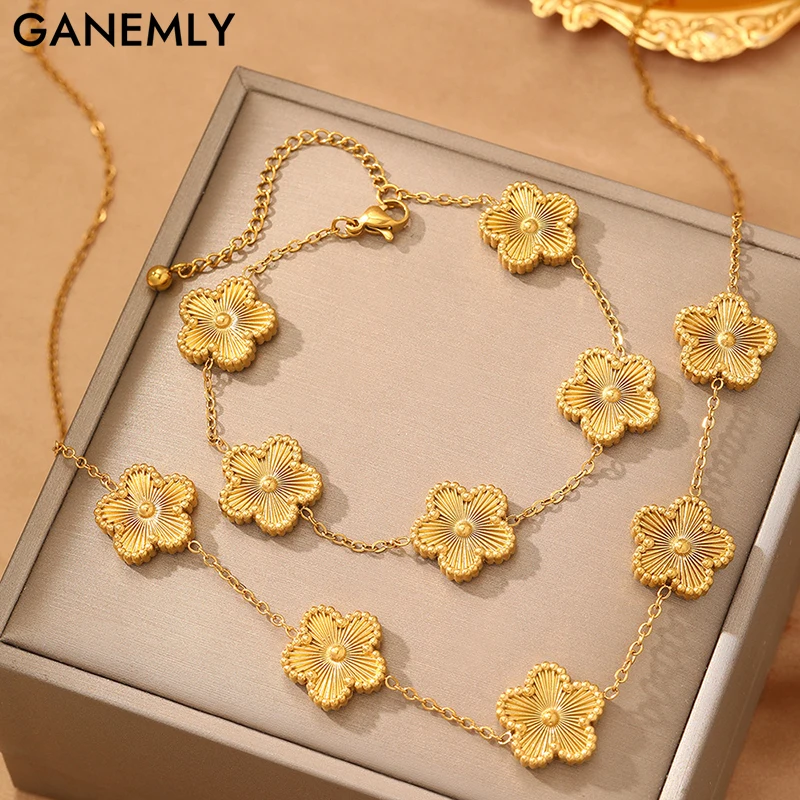 

GANEMLY 316L Stainless Steel Gold Color Plum Blossom Plant Five Leaf Flower Necklace Bracelet Earrings For Women Clover Jewelry