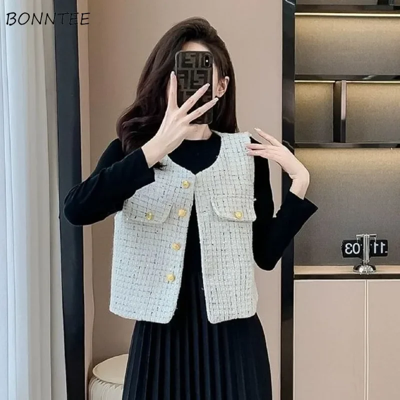 

Crop Vests Women Coat Elegant Sleeveless All-match French Style Aesthetic Classic Autumn High Street Chaleco Mujer Casual Daily