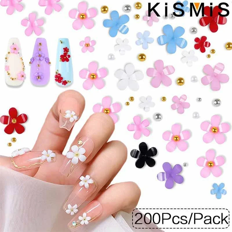 200Pcs New Flowers Gold Silver Beads Multi Size Five Petal White Flower Nail Resin Acrylic Art Decorations