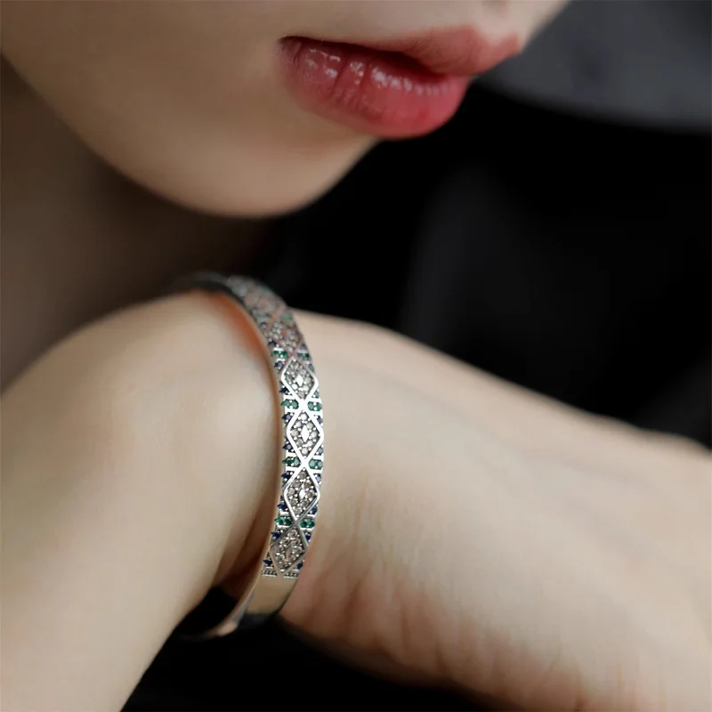 PANJBJ 925 Sterling Silver Geometry Block Zircon Bracelet For Women Versatile Vintage Office Jewelry Gift Dropshipping